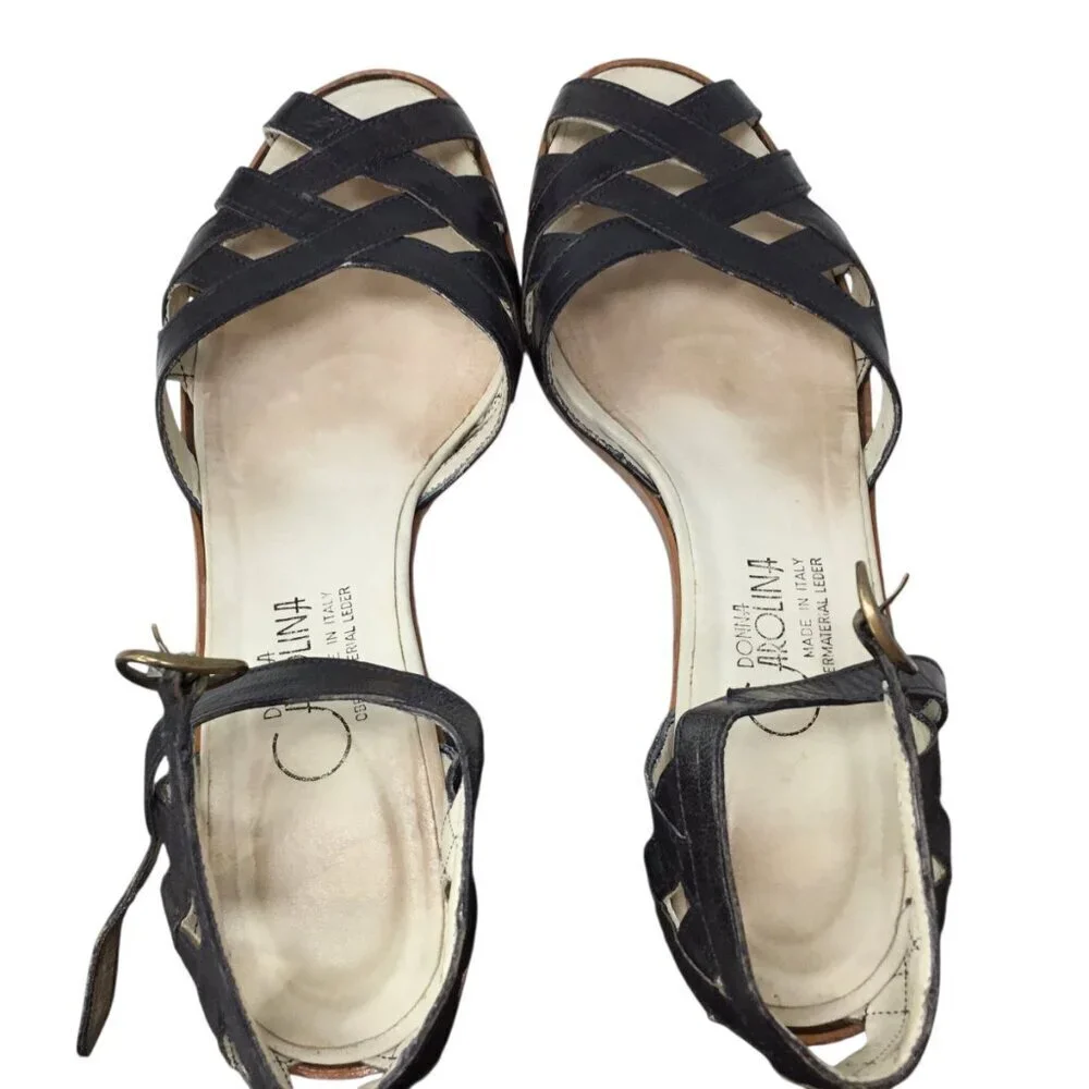 Donna Carolina Sandals Vintage Woven Slingback Ankle Strap Size 37 Italy Italian